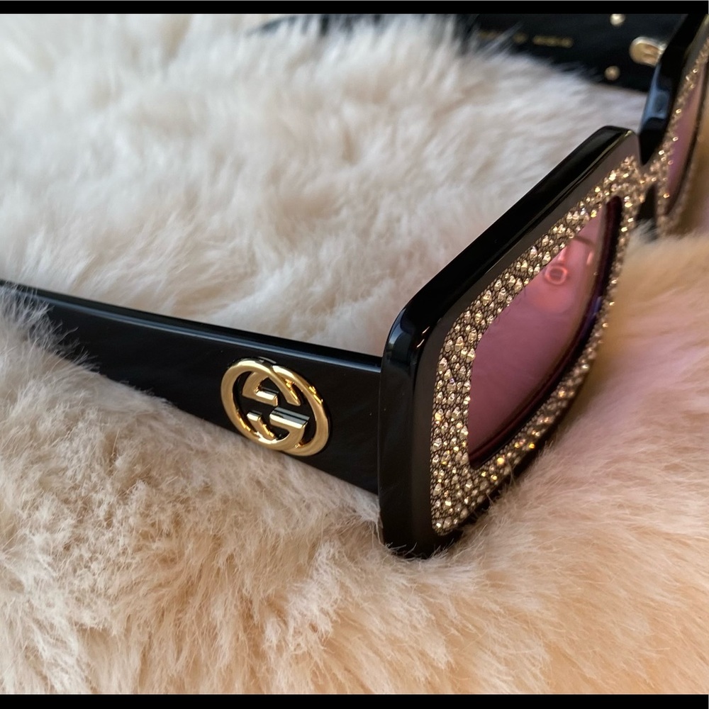 New Gucci Black Embellished Rectangular Frame Sunglasses - Picture 10 of 15
